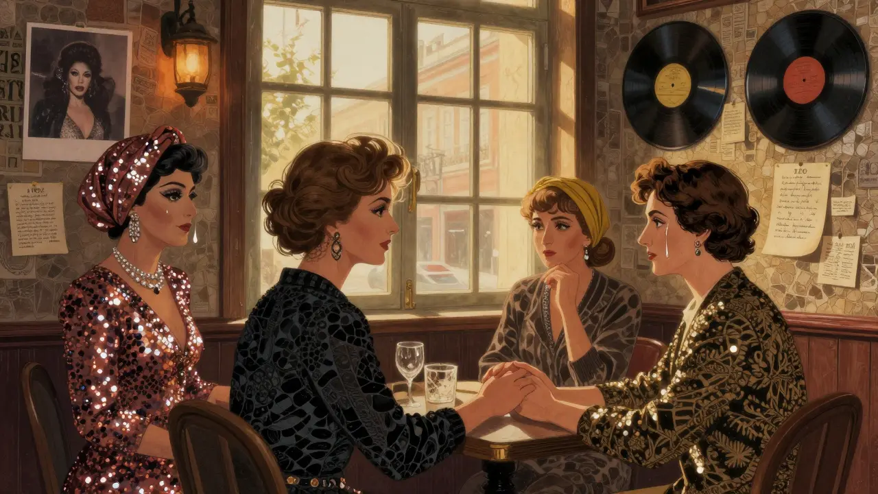 Wall of photos at Bar 1926 showing decades of LGBTQ+ patrons—drag queens, headscarved women, couples—under soft golden light.